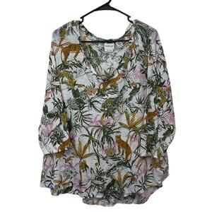 Rachel Zoe Jungle Print Animal V-Neck Top Size 3X 100% Linen 3/4 Sleeve Tropical